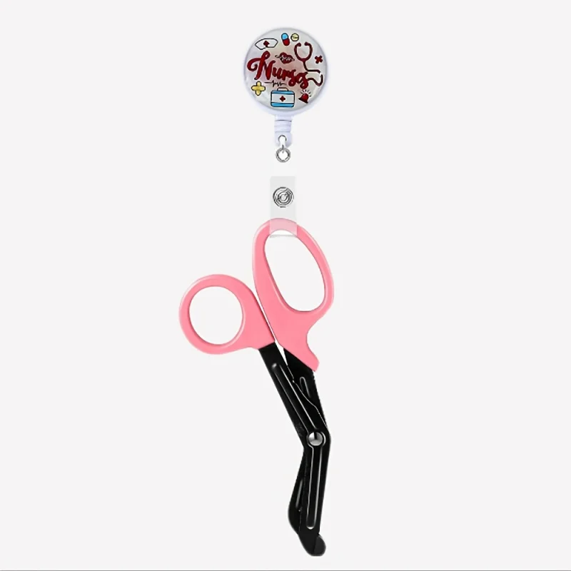 1 Pc Trauma Scissors with 1 Cute Nurse Element Retractable Badge Reel, Bandage Scissors for Nurses,Safety Scissors