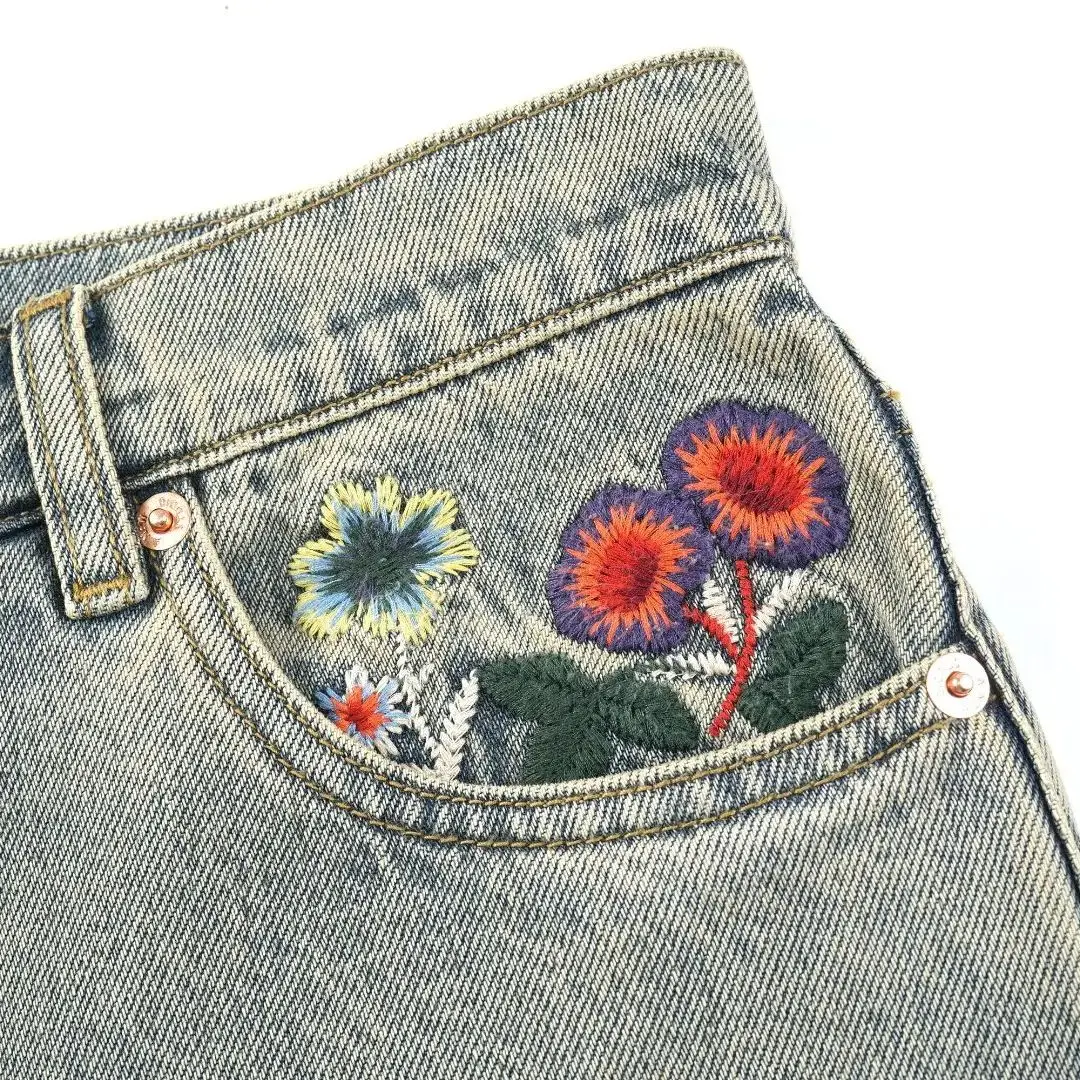 Embroidery Denim 2024 Autumn/Winter New Heavy washing color denim floral embroidery loose casual denim pants