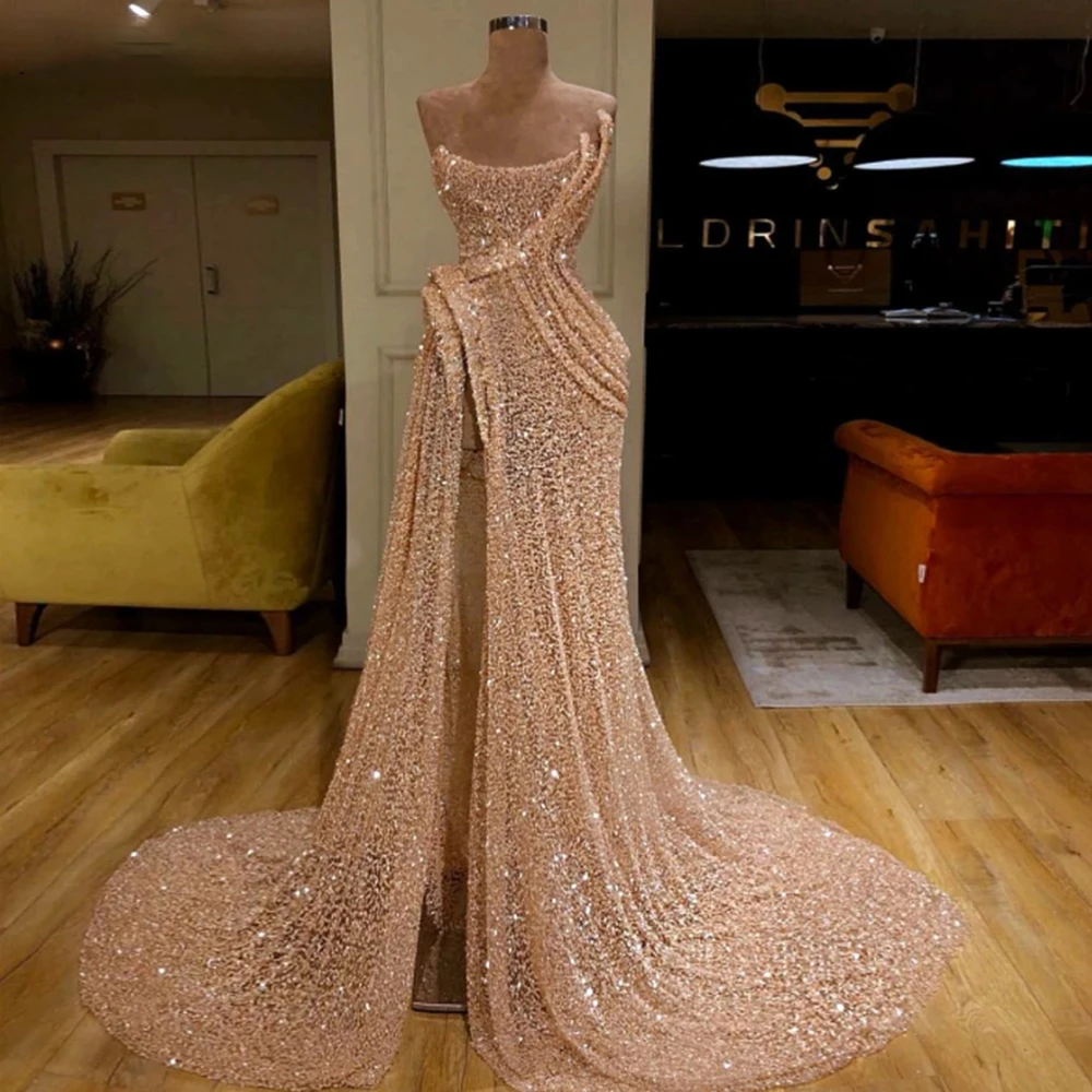 

Sexy Prom Dress Sparkly High Slit Sweep Train Scoop Neck Champagne Sleeveless Beads Crystal Formal Party Luxury Evening Gowns