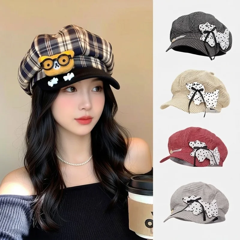Cute Little Dog Checkered Beret Stylish Thin Octagonal Hat for Spring Summer Face-Fitting Painter Small Octagon Hat