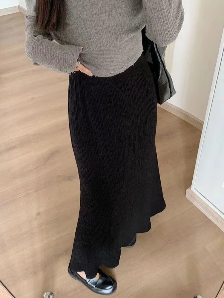 秋冬ロング黒スカート女性エレガントなファッション韓国 Y2k 服ファルダスラルガス弾性ウエストヴィンテージミッドレングススカート