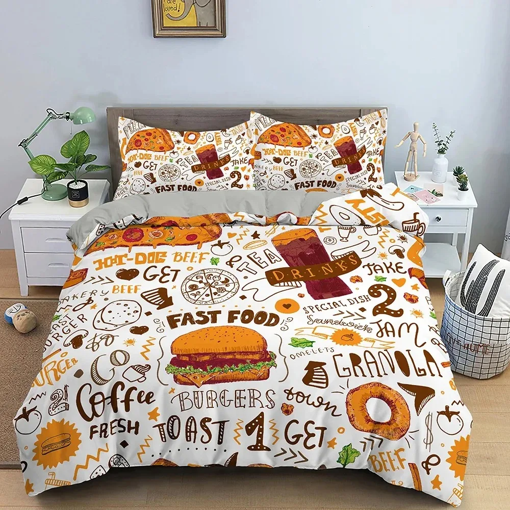 Hamburger King Queen Duvet Cover Fast Food Theme Bedding Set Meat Cheese Quilt Cover Kids Lovely Cartoon Style Comforter Cover