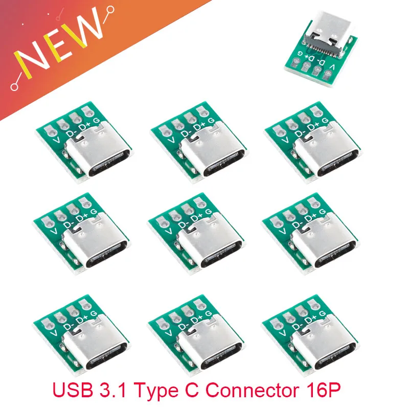 10Pcs/5Pcs Złącze USB 3.1 typu C 16-pinowe złącze testowe PCB Adapter 16P Gniazdo złącza do przewodu danych Przenośnik kabla