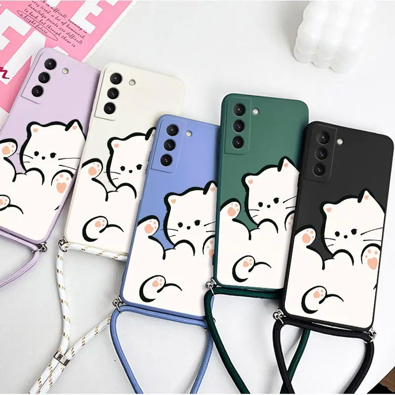 White Cloud Cat Crossbody Lanyard Silicone Phone Case For Samsung Galaxy S23 S23 Plus S22 S21 FE S21 S20 S9 Note 20 10 20 Cover