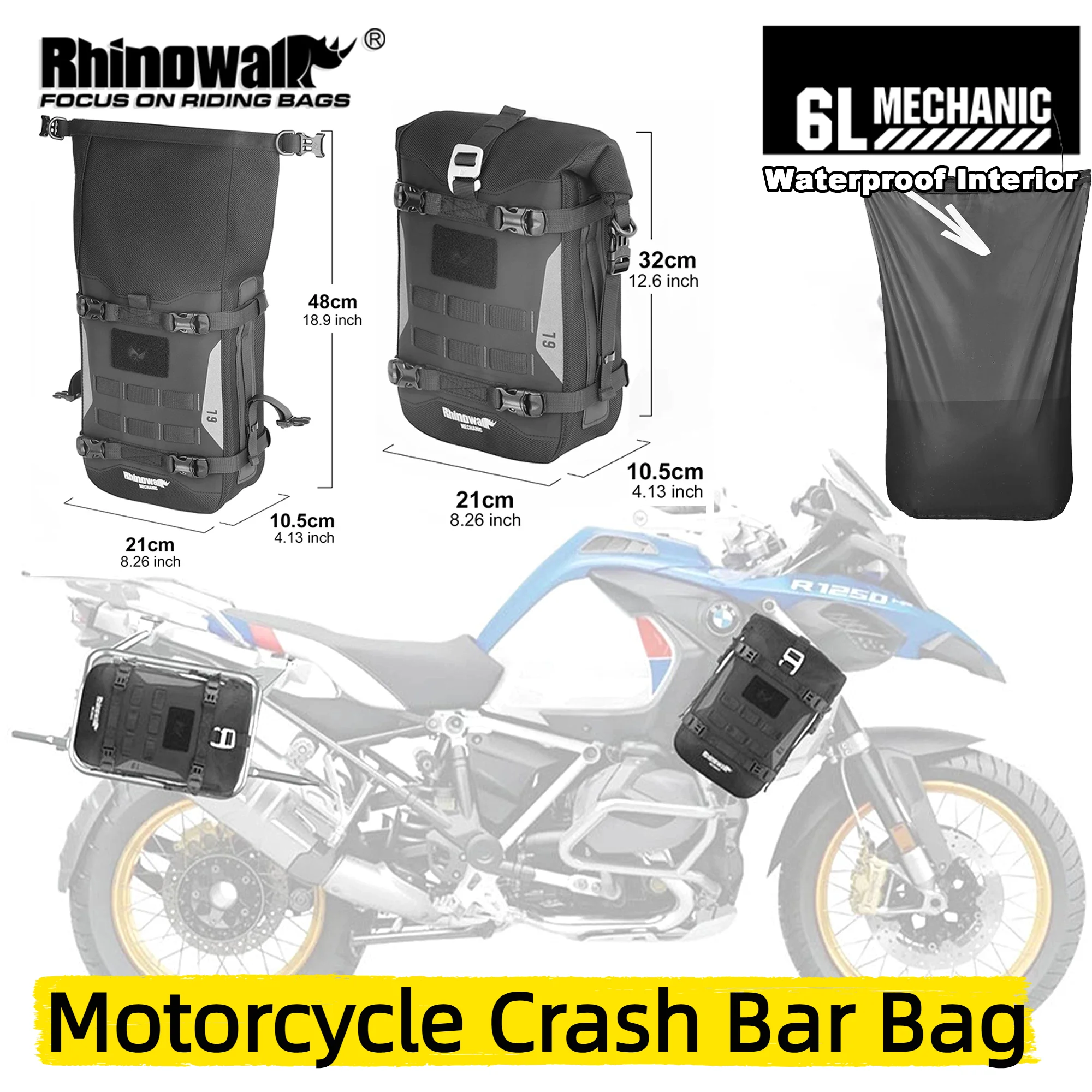 Rhinowalk Motorcycle Crash Bar Bag Waterproof 6L Storage Pack With Inner Support Board For Adv Mechanic Serie Shoulder Bag Molle