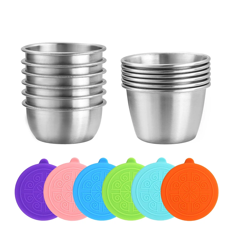 1Pc 50/70ML Sauce Cup 304 Stainless Steel Dipping Saucer with Lid Leak-proof Salad Dressing Container