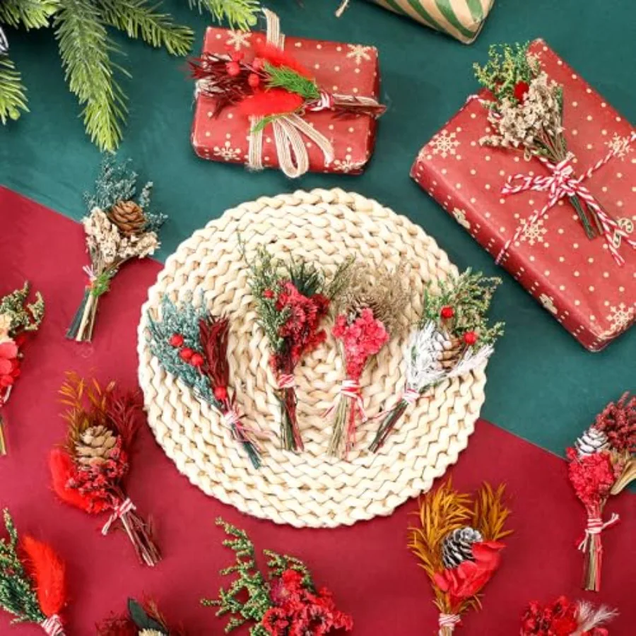 48 حزمة 6 بوصة عيد الميلاد باقات الزهور المجففة السائبة الأحمر الأخضر الزهور المجففة مع التوت الجذعي لزهرية DIY إكليل الحرف عيد الميلاد H