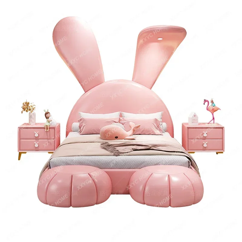 

Children's Bed Girls Pink Solid Wood Single Bed Big Ears Rabbit Bed Light Luxury Multifunctional Leather Bed