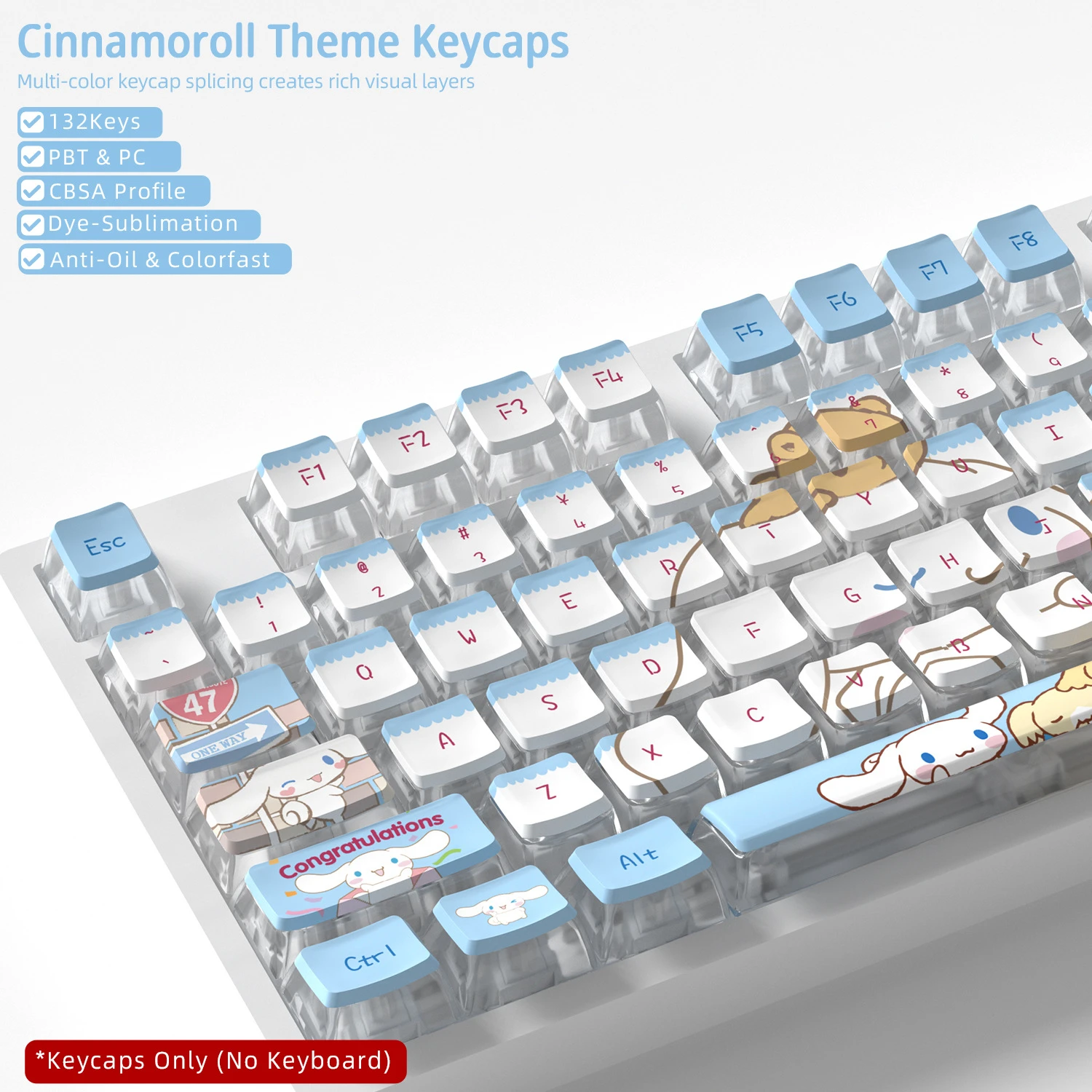 Cinnamoroll Four-Sided Backlight Keycaps 132 Keys PBT+PC Material CBSA Profile For MX Switch Mechanical Keyboard ISO ANSI Layout