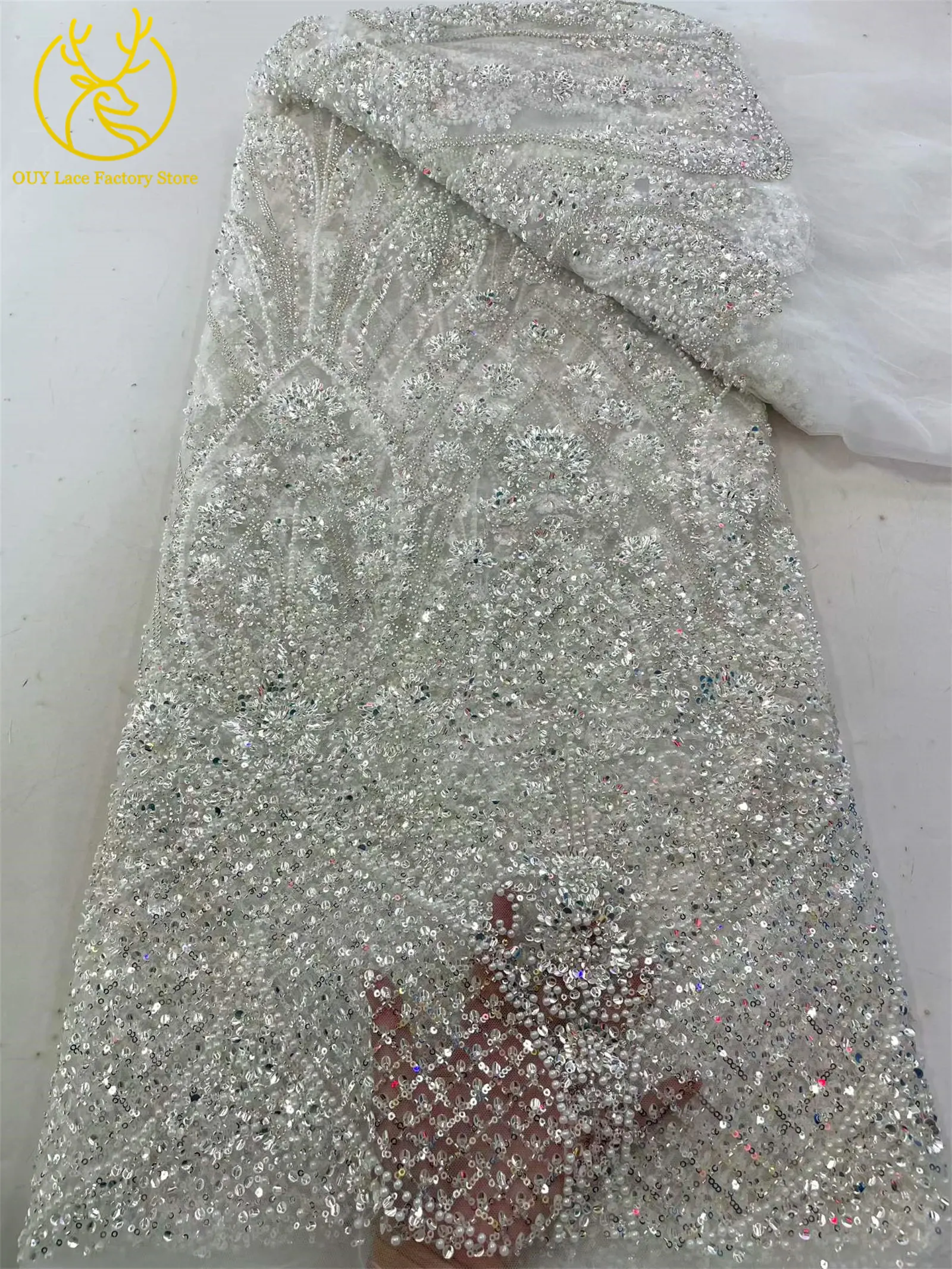 5 Yards afrikanischer schwerer Perlen-Pailletten-Netzstoff, goldener französischer Pailletten-Tüllstoff für wunderschöne Hochzeitskleider zum Nähen – Detail 7