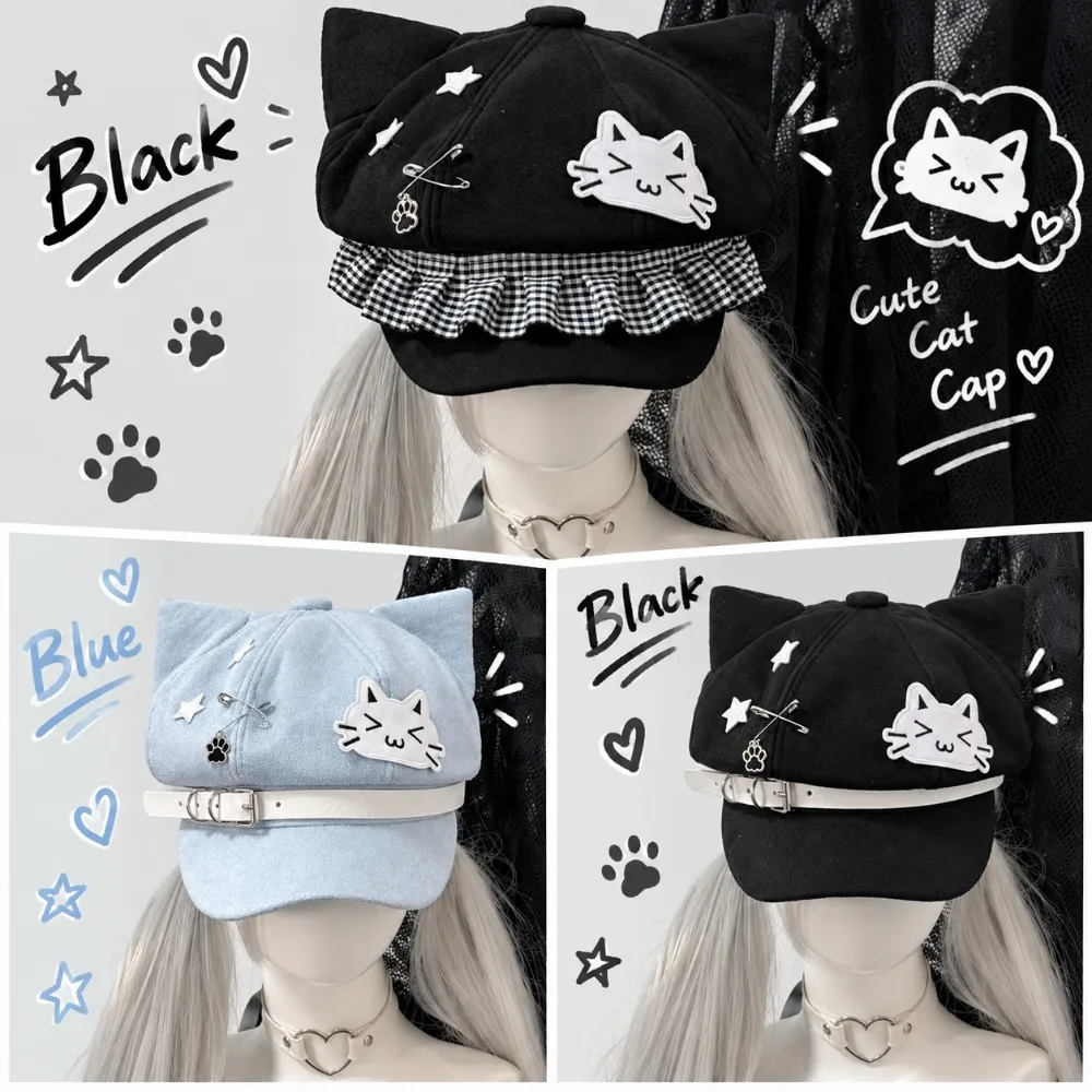 Harajuku Kitten Ears Beret Hat Subculture Faux Suede Newsboy Cap with Belt decoration Cat Paw Octagonal Cap