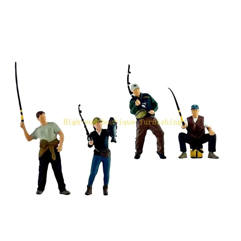 L9NB 4Pcs Collectible Male Angler Miniature 1/64 Scale Resin Fisherman Figurines For Model Hobbyists And Scene Decors Accent