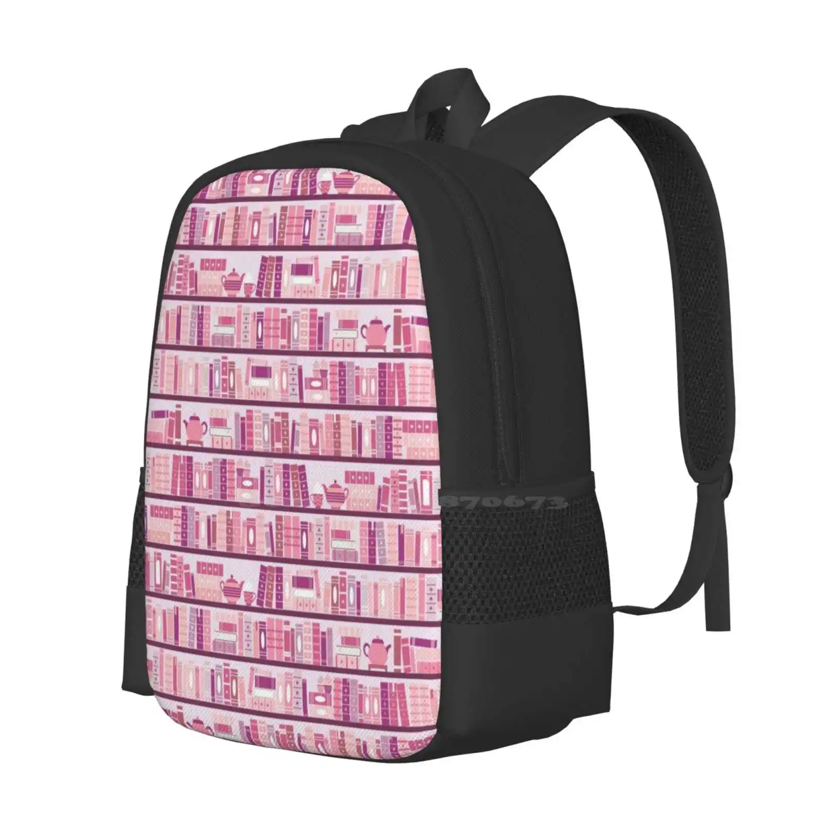 Pink Bookcase Pattern Romance Tea Books Fashion Pattern Design Travel Laptop School Backpack Bag Bookish Bookcase Book Pattern