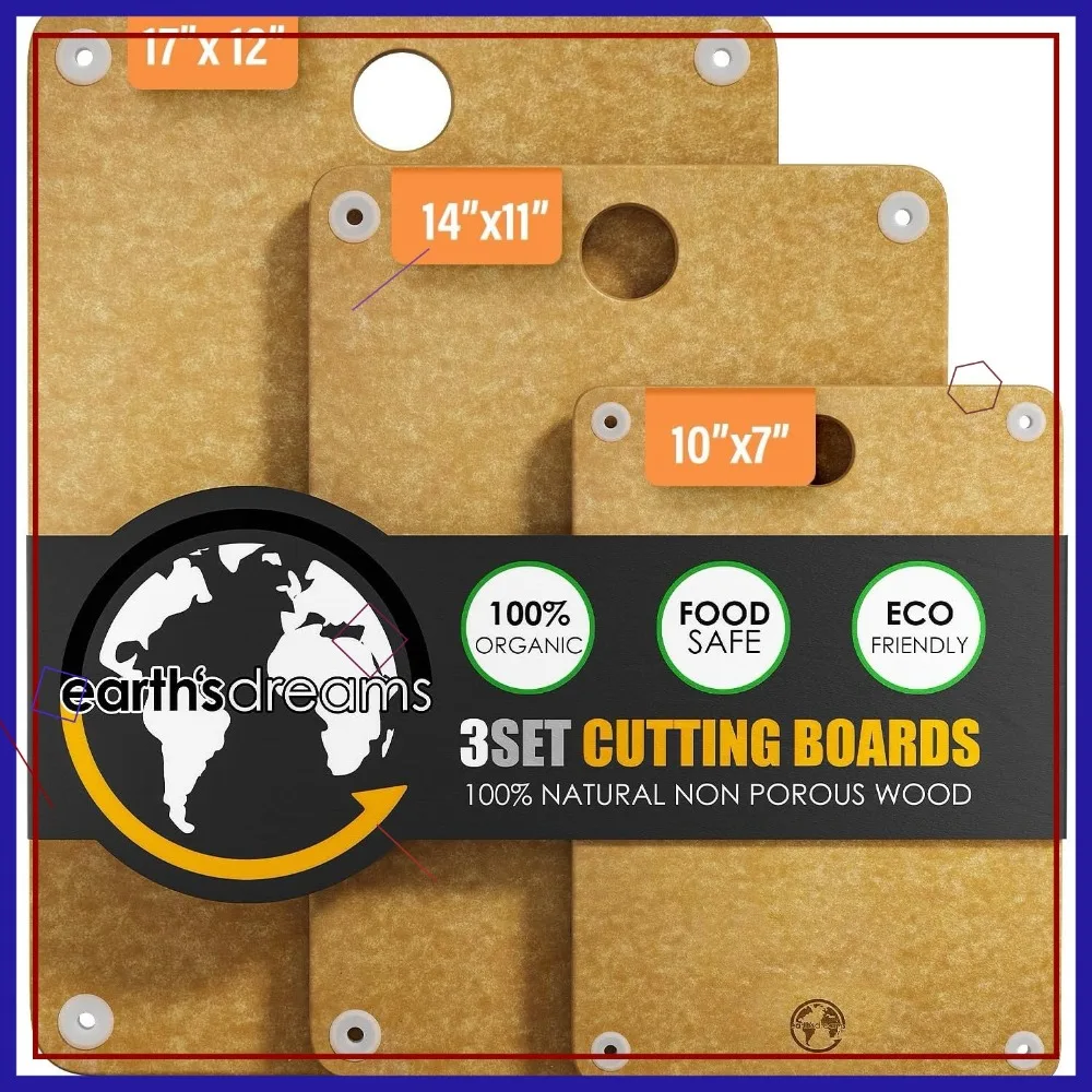 

3-Piece Wood Cutting Board Set: Small, Large, Extra Large - Charcuterie, Non-Toxic, Heavy-Duty, Dishwasher Safe (Tan)