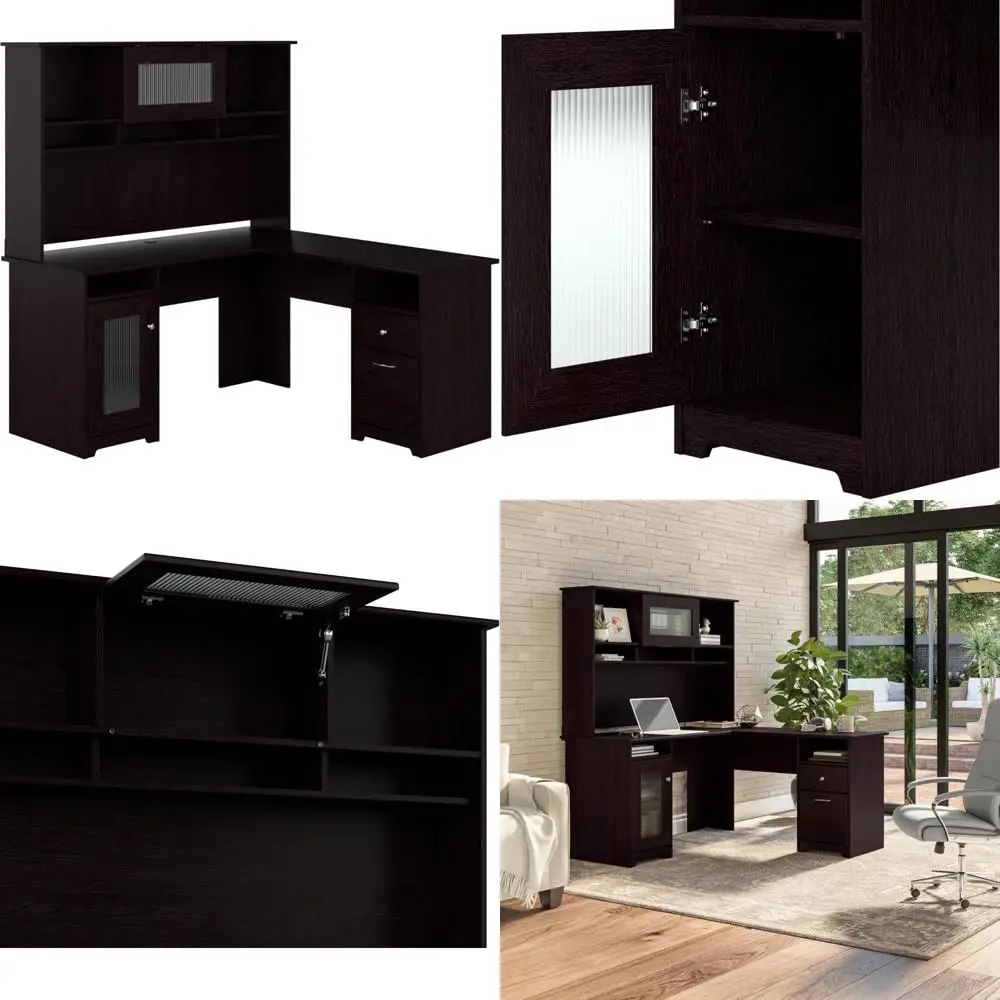 

L-Shaped Computer Desk Hutch with Corner Storage for Home Office, 60W, Espresso Oak