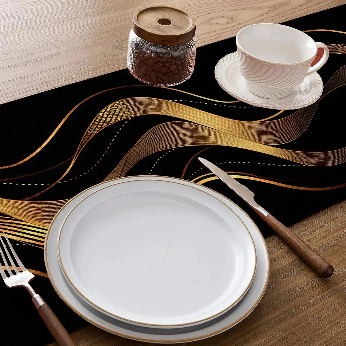 VIKAMA Black Gold Line Table Runner Embossed Premium Decor for Dinner Art Exhibition
