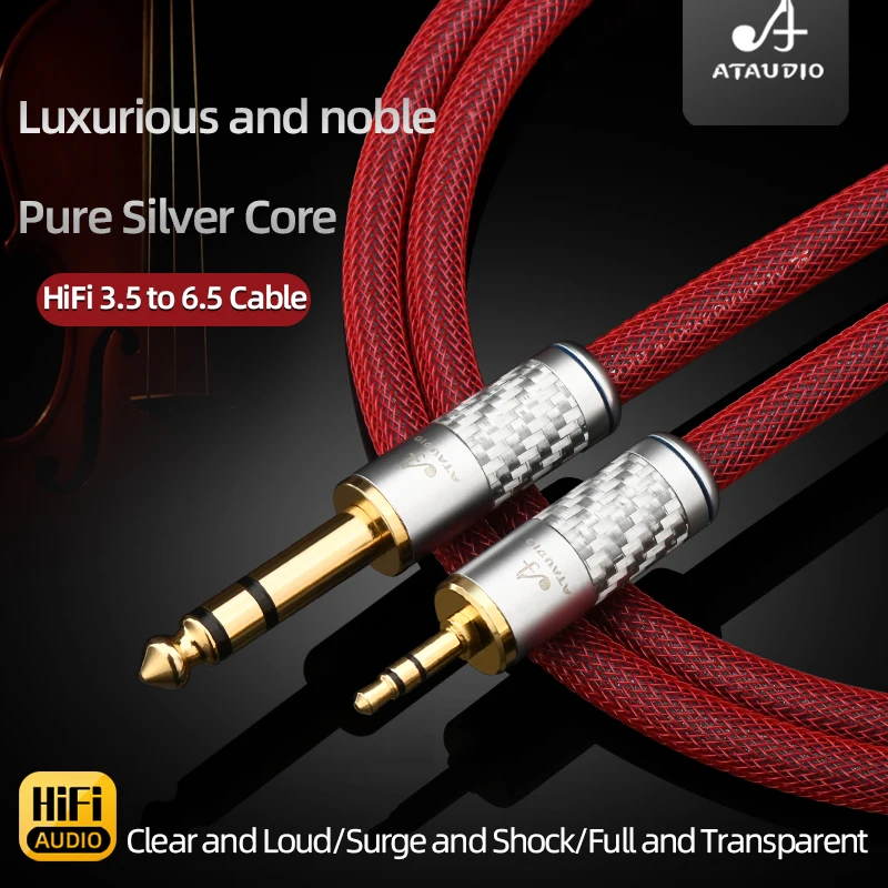ATAUDIO Hifi 3.5mm to 6.5mm Audio Cable Hi-end Pure Silver Stereo 3.5 Jack to 6.5 TRS Jack Audio Cable for Mixer Amplifier