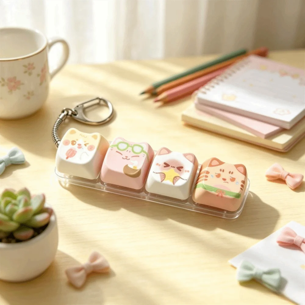 Finger-Tip Pressing Button Cat Fidget Clicker Keychain 4-Key Cute Cat Keycap Keychain Kawaii Creative