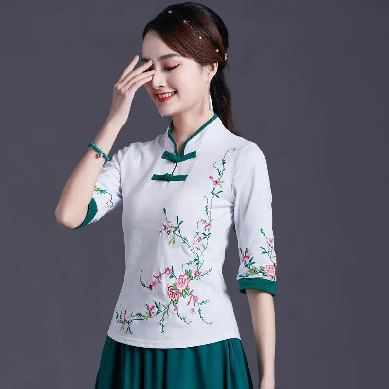 Camisas Qipao retrô estilo chinês feminino, tops plus size, bordados emendados, mistura de algodão, meia manga, mistura Qipao, outono, 2024