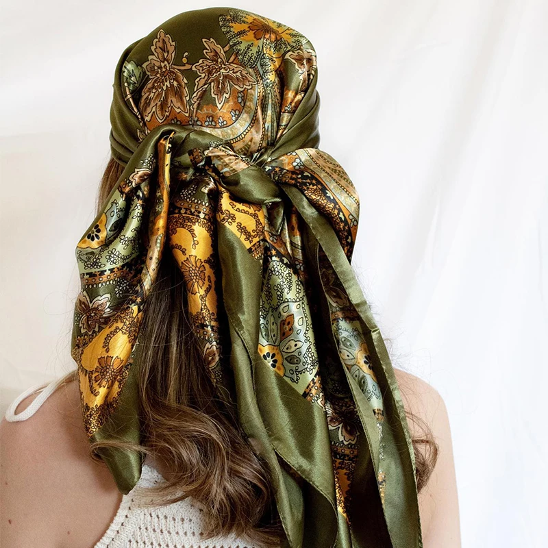 Luxury Brand Silk Satin Square Scarf Women Hijab Bandana Muslim Headscarves Shawl Wrap Ladies Headband Neckerchief Foulard 90cm image 4