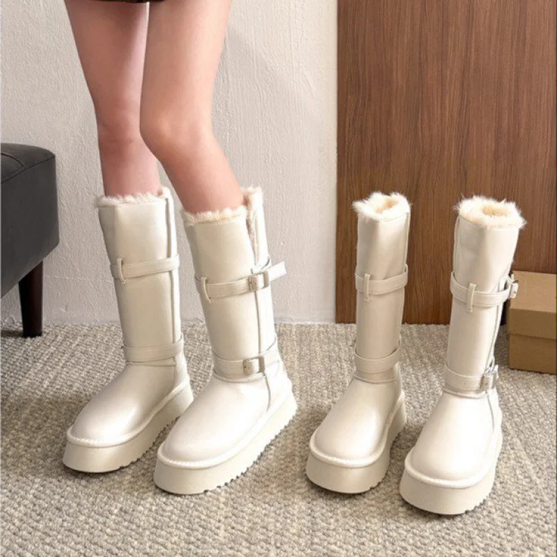 

Women's Winter Fur Lined Mid-Calf Snow Boots Thick Sole Warm Comfortable Vintage Buckle Outdoor Casual Boots Black White