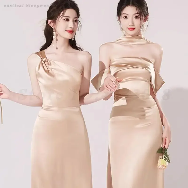 

Wedding French Sisters Group Dresses Summer Satin Bridesmaid Dress Square Collar Long Vestidos Spaghetti Straps Evening Gown