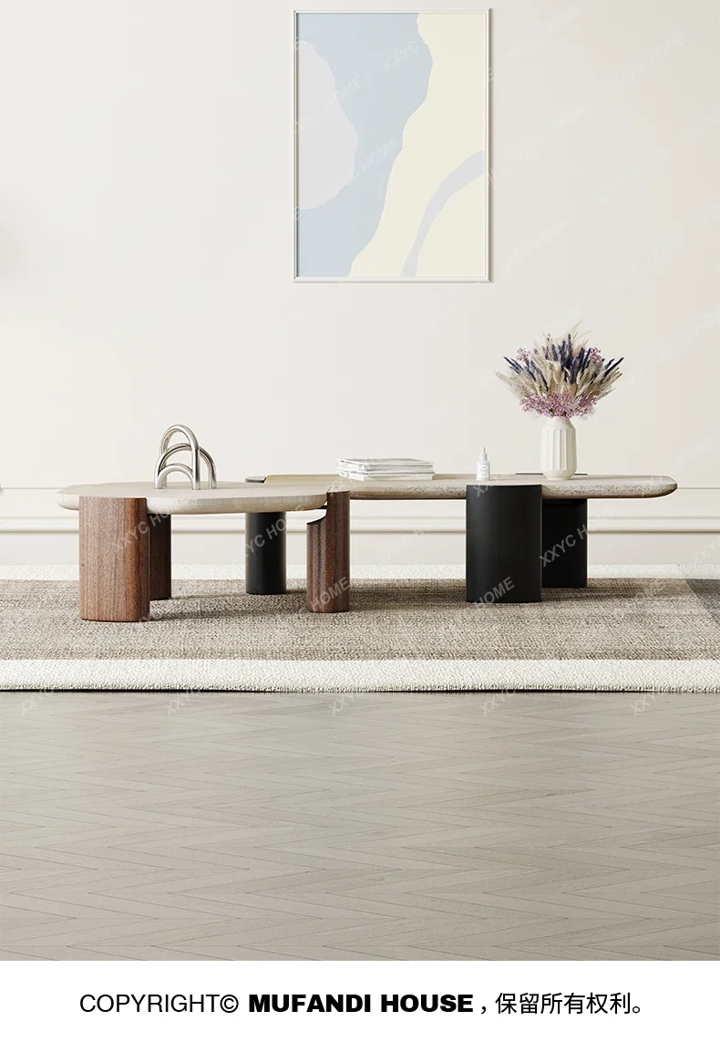 A  Light Luxury Natural Cave Stone Tea Table Living Room Home Cream Style Shaped Combined Tea Table