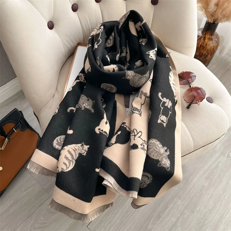 65*185cm Cat Designer Lady Winter Scarf Cashmere Thicken Warm Women Shawl Pashmina Female Wrap HIjab Neckerchief