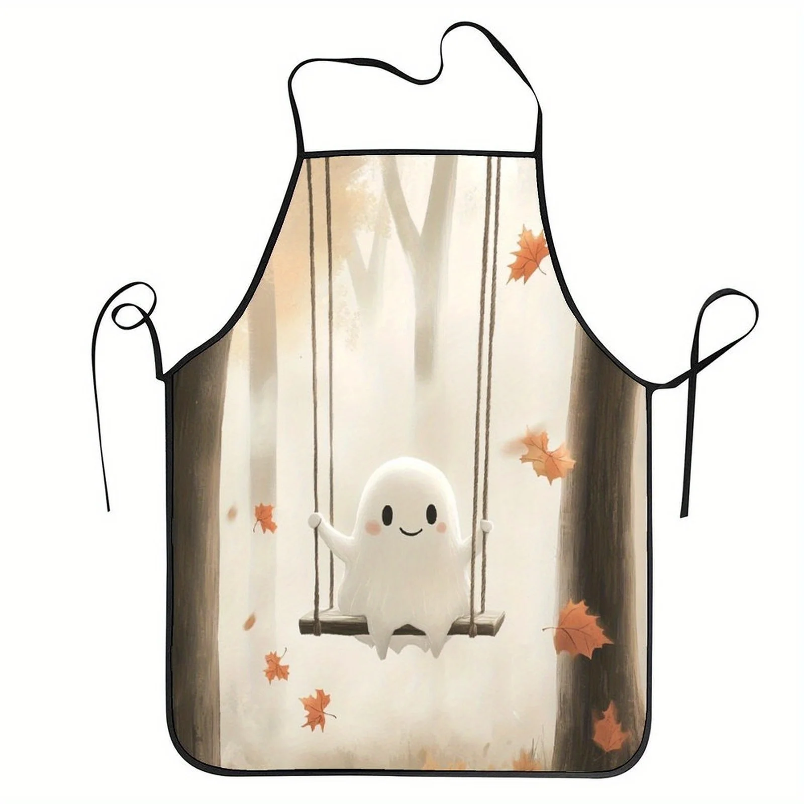 Spooky Halloween Ghost on Swing Apron - Black with White & Orange Autumn Leaves, Polyester, Adjustable Neck Straps