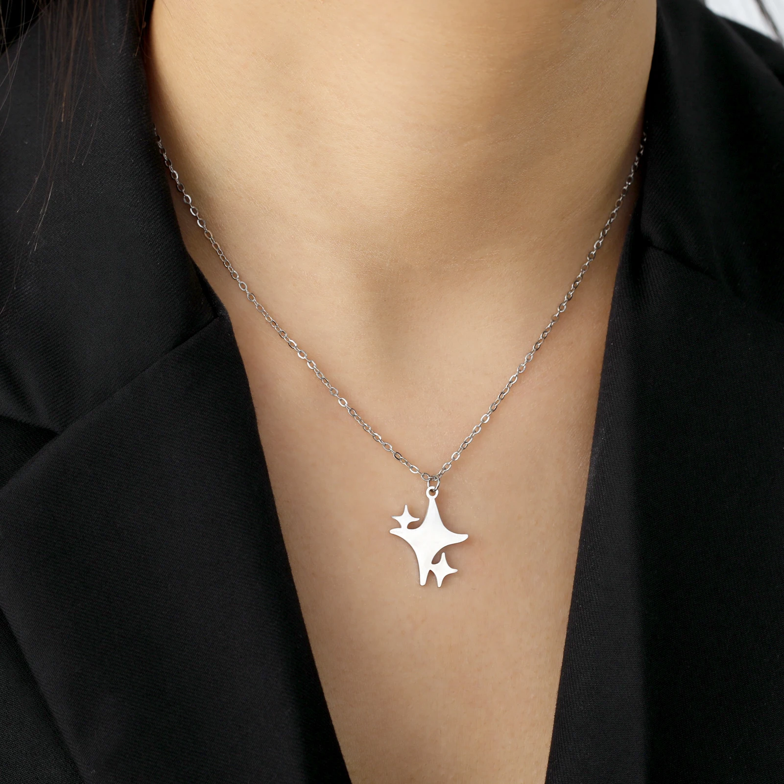 KKjoy Stern-Anhänger-Halskette für Damen, silberfarben, Edelstahlperlen, Doppelketten-Halsbänder, minimalistischer Schmuck, Accessoires, neu – Detail 16