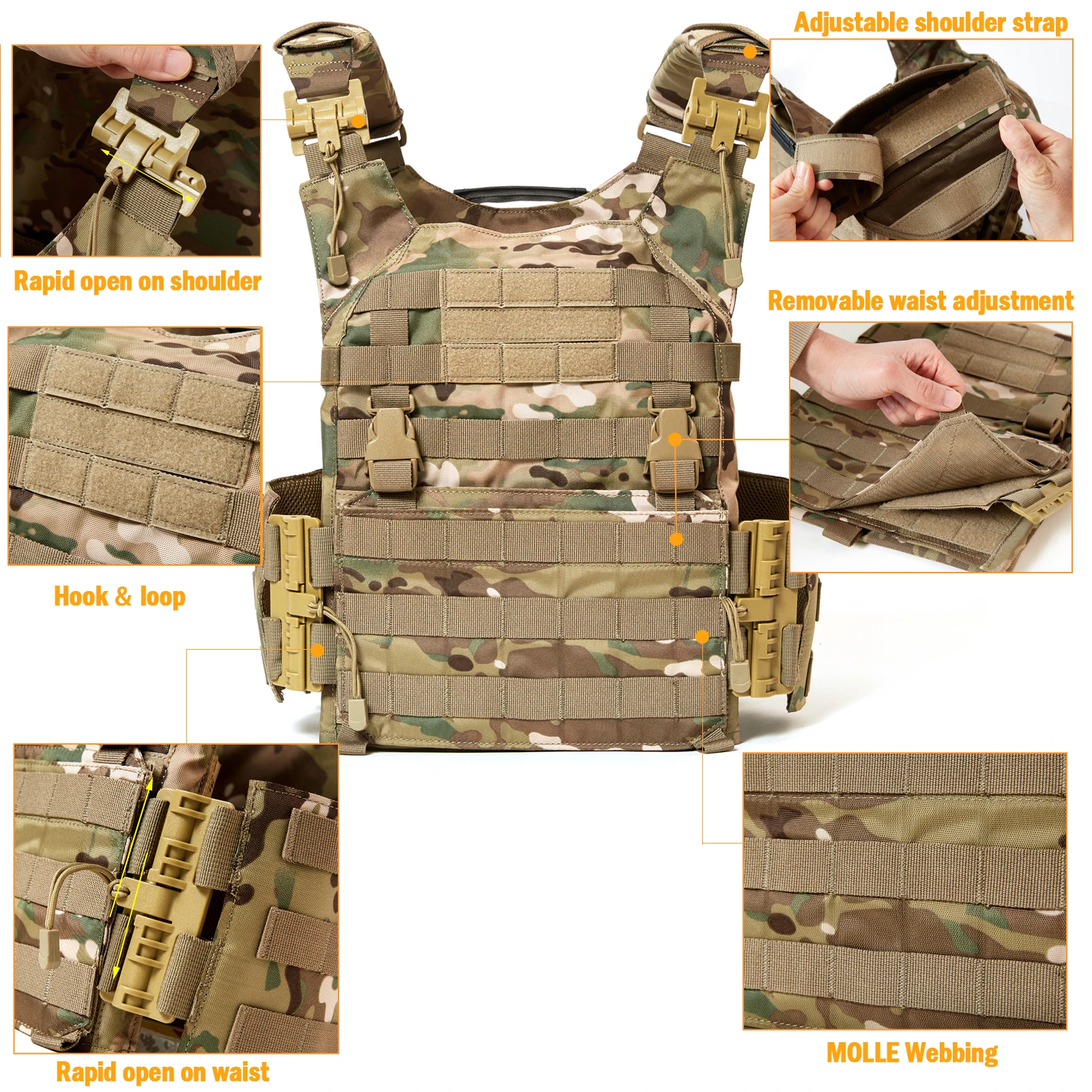 MT Military MAS Modular Panel Breathable Adjustable Quick Release Assault Tactical Gear Army Vest for Adult Multicam / Black