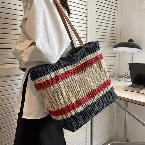 Imagen 2 del producto Bolso de mujer de gran capacidad tejido de tendencia urbana a la moda con rayas contrastantes estilo estación de playa bolso de paja