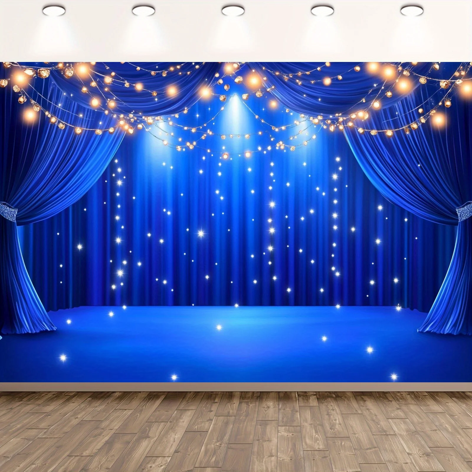 1-teiliger Theaterbühnenhintergrundstoff, blauer Polyestervorhang, multifunktionaler Feierhintergrund, Geburtstag und Jubiläum