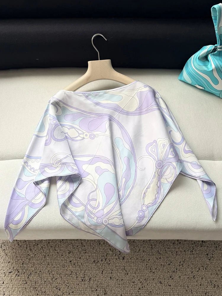 

Весенне-летние модные повседневные шелковые пуловеры с геометрическим принтом, женские свободные блузки с круглым вырезом и рукавами «летучая мышь»