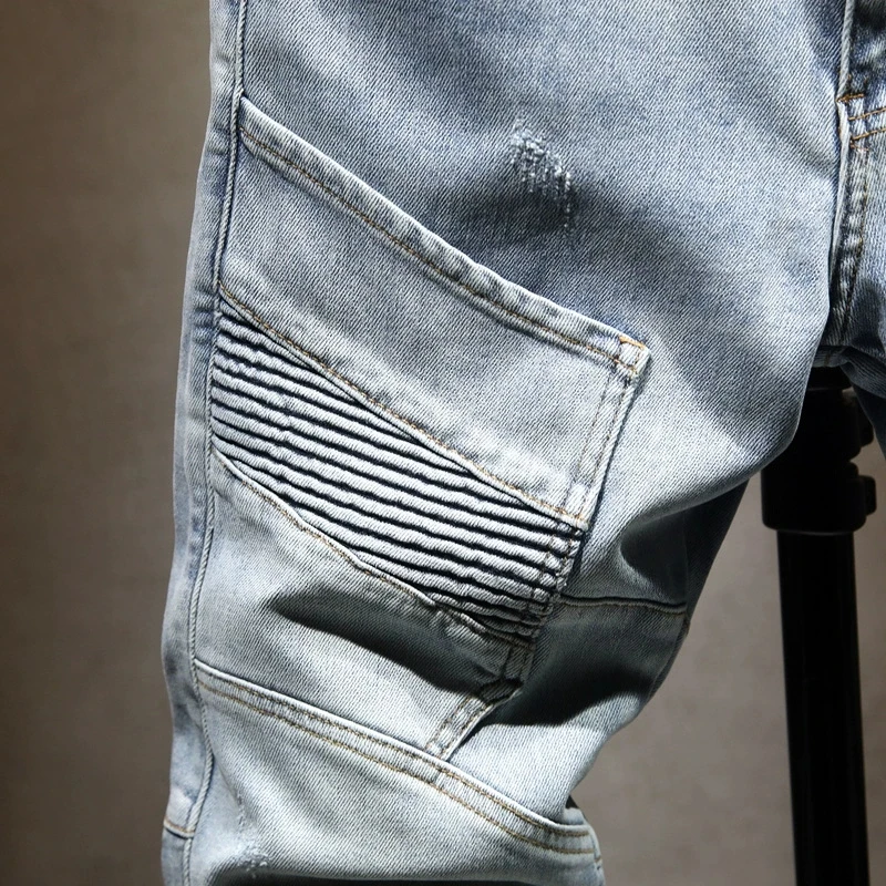Street Designer Fashion Men Jeans Retro Light Blue Stretch Slim Fit Multi Pockets Denim Cargo Pants Patched Hip Hop Biker Jeans