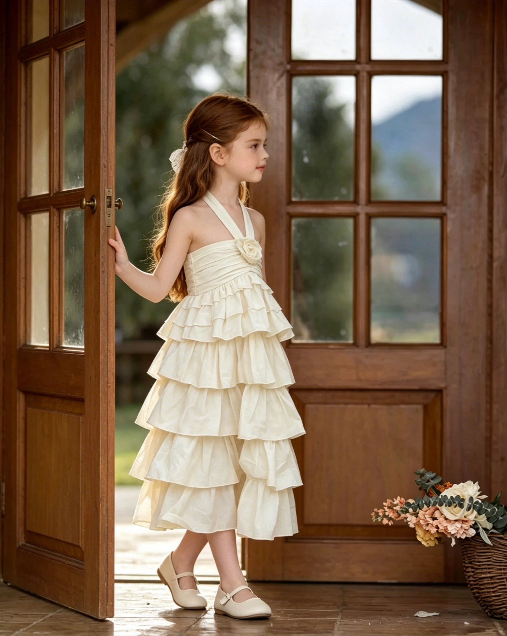 Mädchen-Trägerkleid 2026 Sommer Neu Mädchen Neckholder-Kleid mit Rüschenrock Mädchen 3D-Blumen Urlaubskleid Langes Prinzessinnenkleid