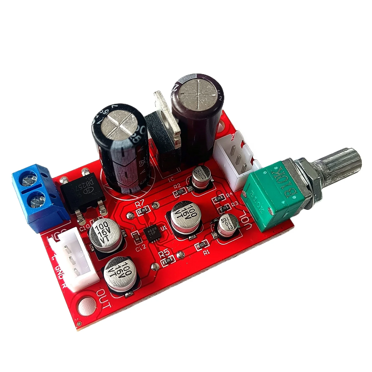 

Плата сильноточного предусилителя AD45257 с потенциометром громкости и одним источником питания