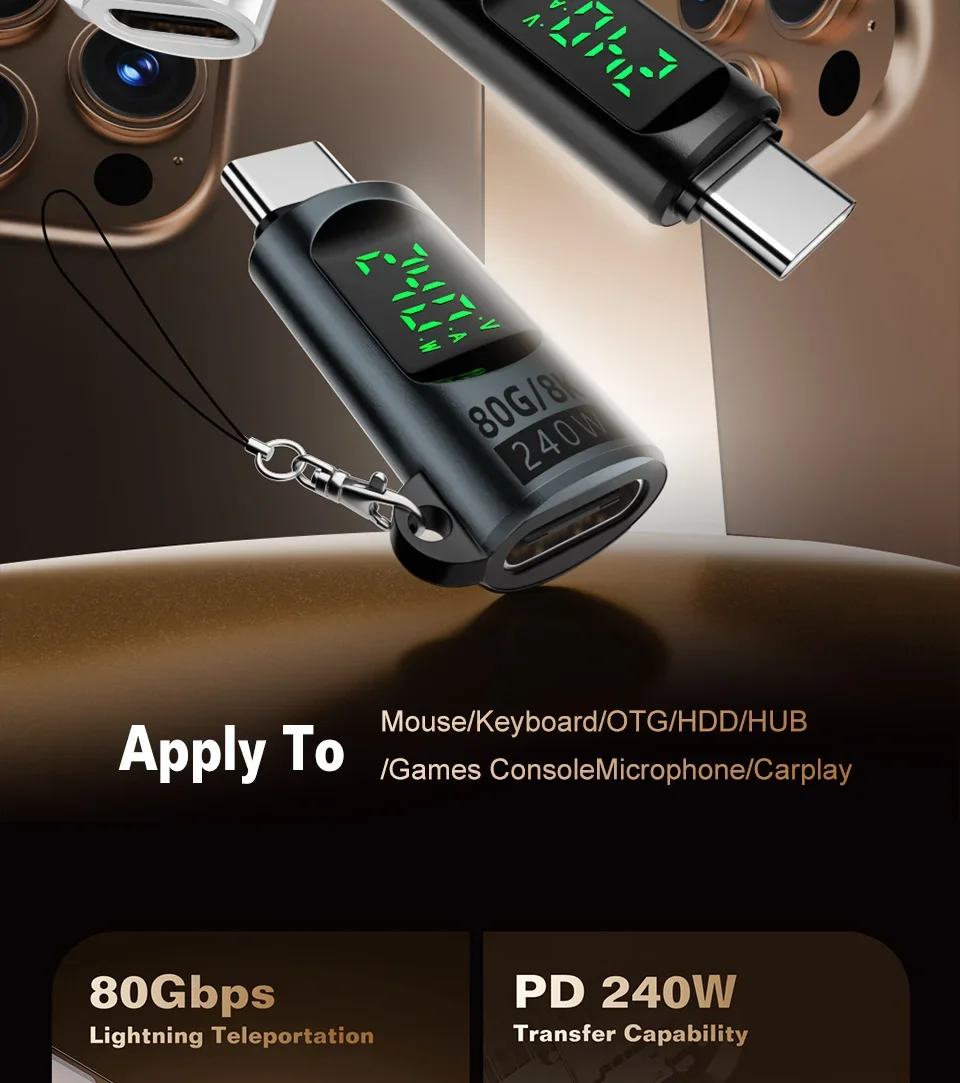 USB4 40Gbps Adapter mit Digitalanzeige, USB 4 V2.0 80Gbps Typ C zu Typ C OTG-Kabelanschluss 240W 8K für Thunderbolt 3/4/5 Laptops – Detail 2
