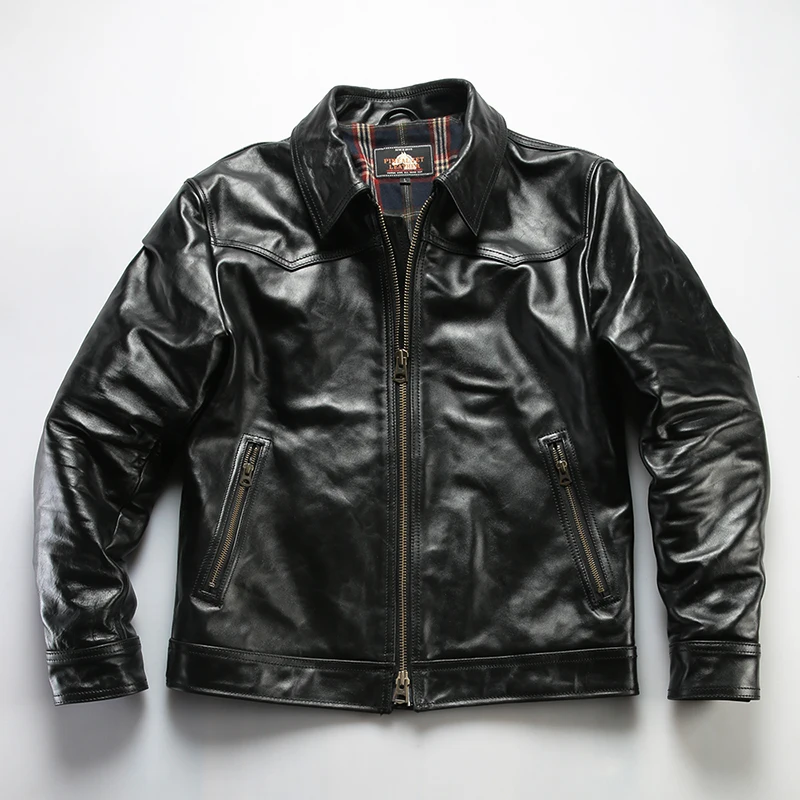 

Retro Motorcycle Tea Core Horsehide Lapel Jacket Genuine Leather Fashion Men's Casual Coat
