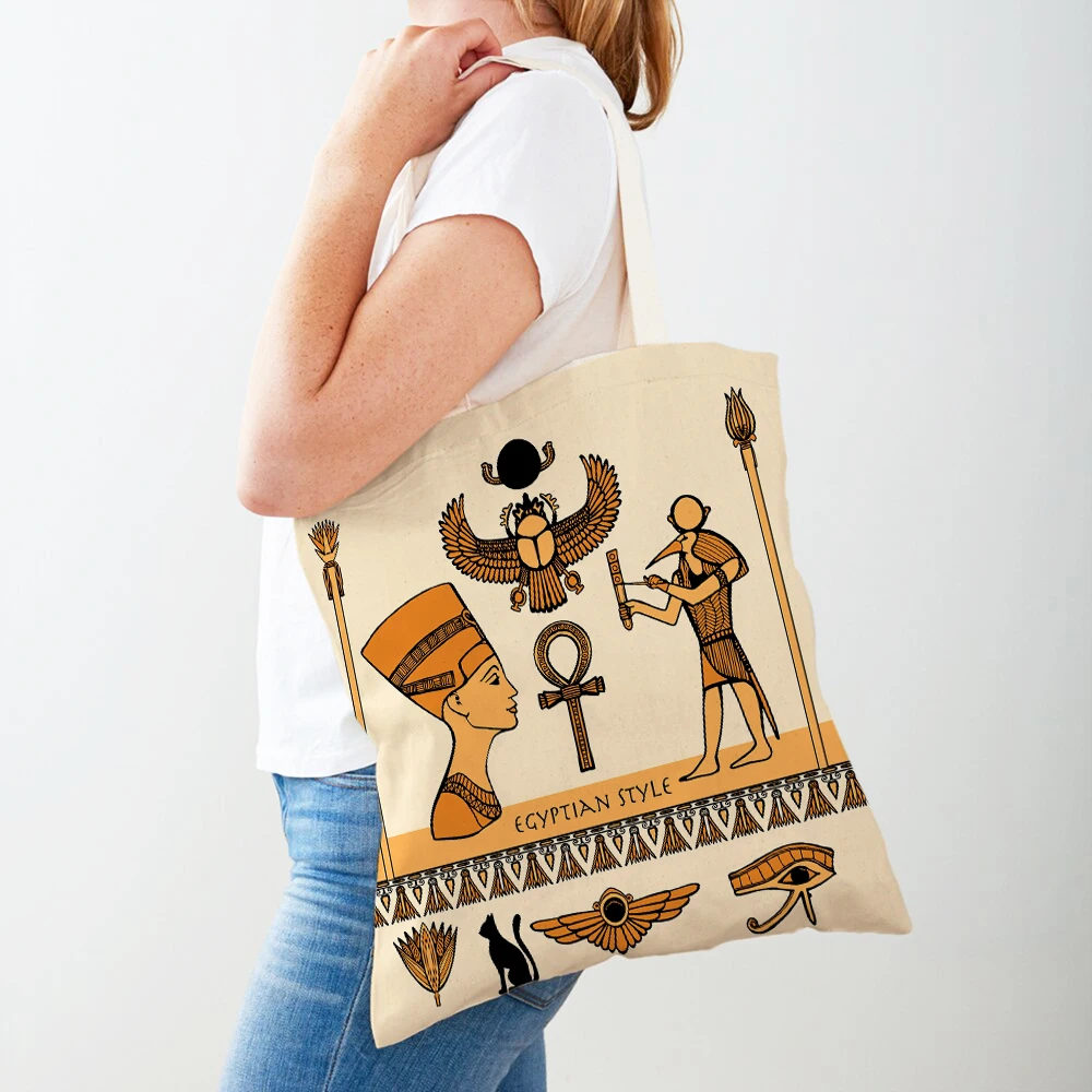 Fashion Ancient Egypt Totem Pharaoh Both Sided Canvas Shopping Bag Reusable Cartoon Anubis Lady Student Shopper Bags for Women