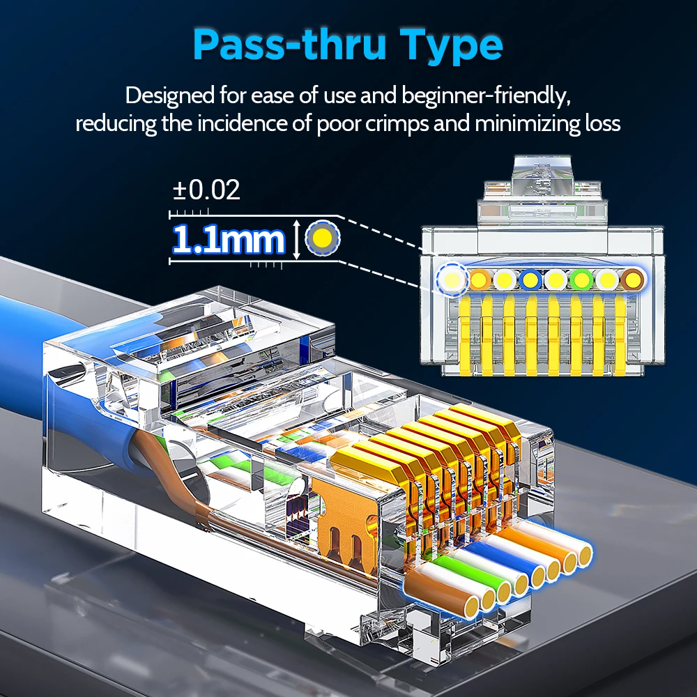 AMPCOM RJ45 Modular Plug in Canister Embalagem Pass-Thru CAT6 Conector UTP 3μ 8P8C Crimp End para Cabo Ethernet, 100/50/30PCS