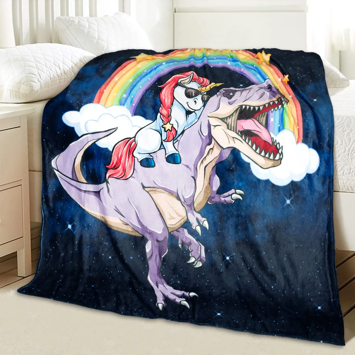 Unicorn Riding Ferocious Dinosaur Throw Blanket Funny Rainbow Unicorn and Jurassic Tyrannosaurus Cozy Soft Flannel Blanket Gifts