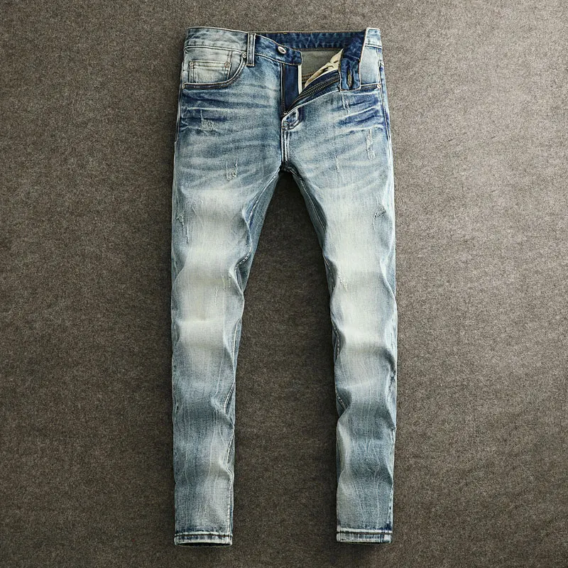 

Italian Style Fashion Men Jeans Retro Light Blue High Quality Vintage Ripped Jeans Men Stretch Slim Fit Designer Denim Pants