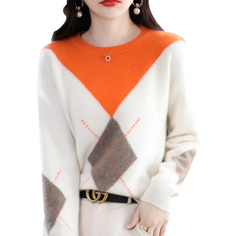 Autumn Winter Women Knitwear Sweater Fashion New Round Neck 100% Wool Pullover Warm Loose Diamond Pattern Color Matching Tops
