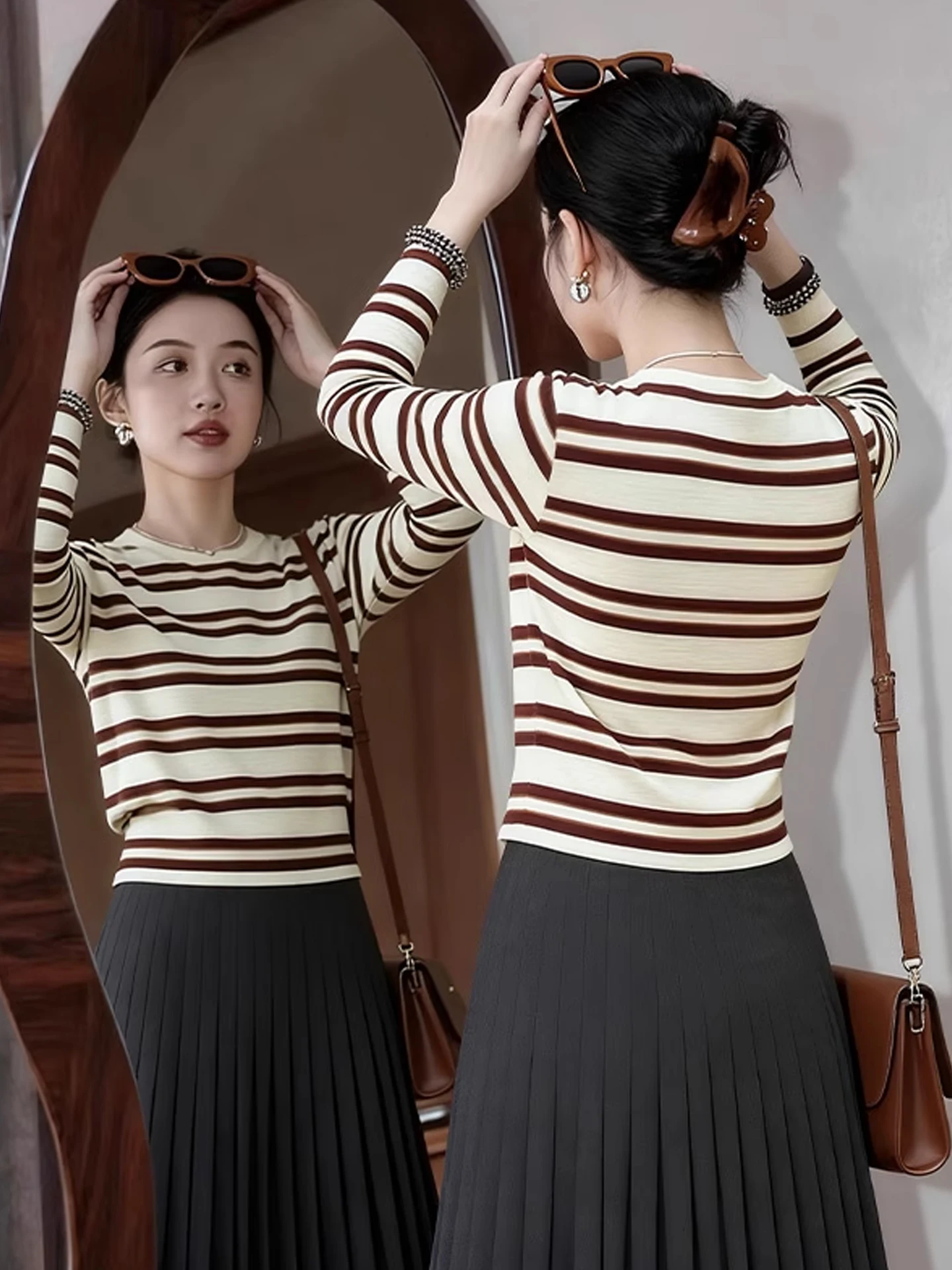 

High-End Striped Design Knitted Long Sve Hoodie Women's Base irt Simple New Sle Slimming Top Commute Faion Korean Ve...