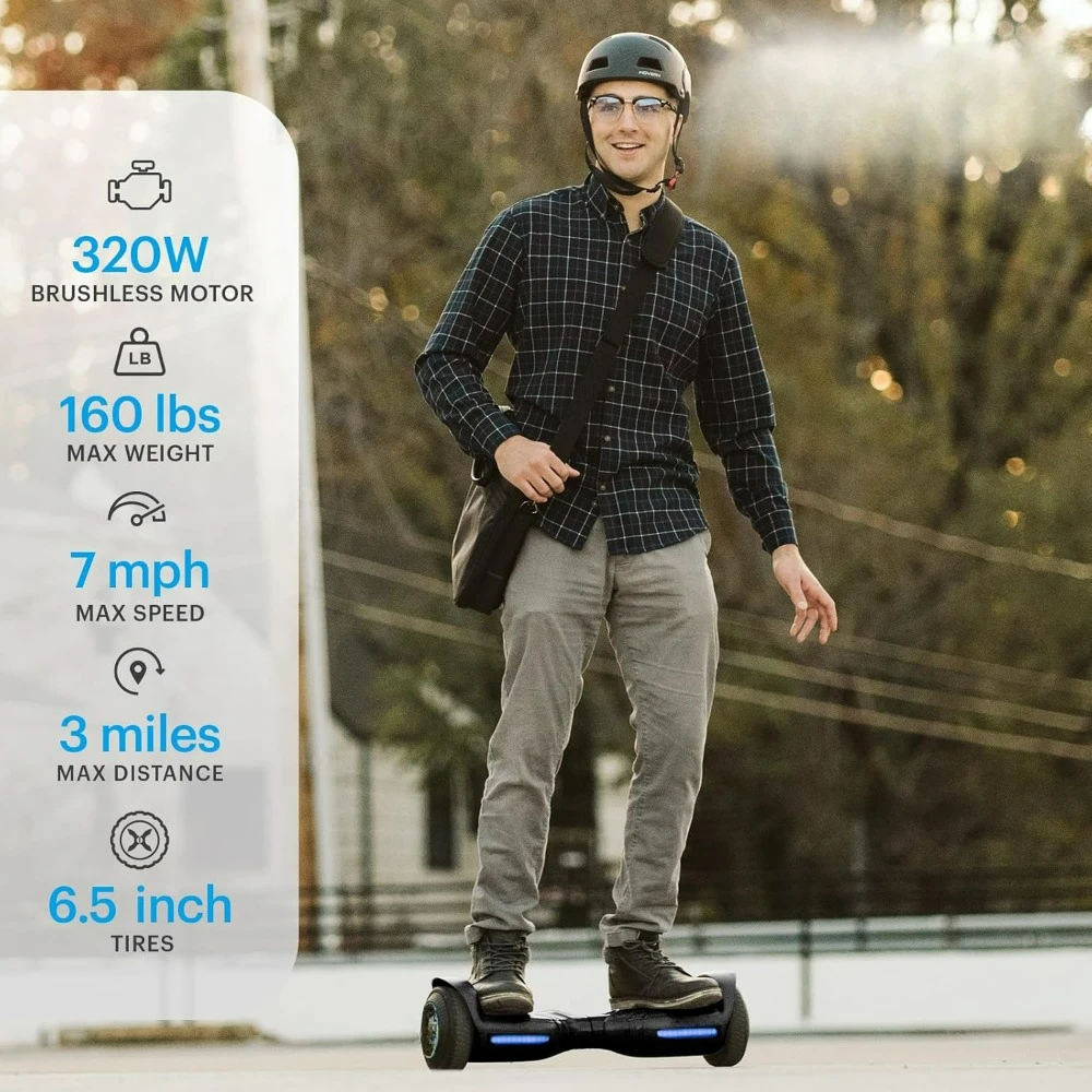 Blast Electric Self-Balancing Hoverboard with 6.5” Tires, Dual 160W Motors, 7 mph Max Speed, and 3 Miles Max Range.