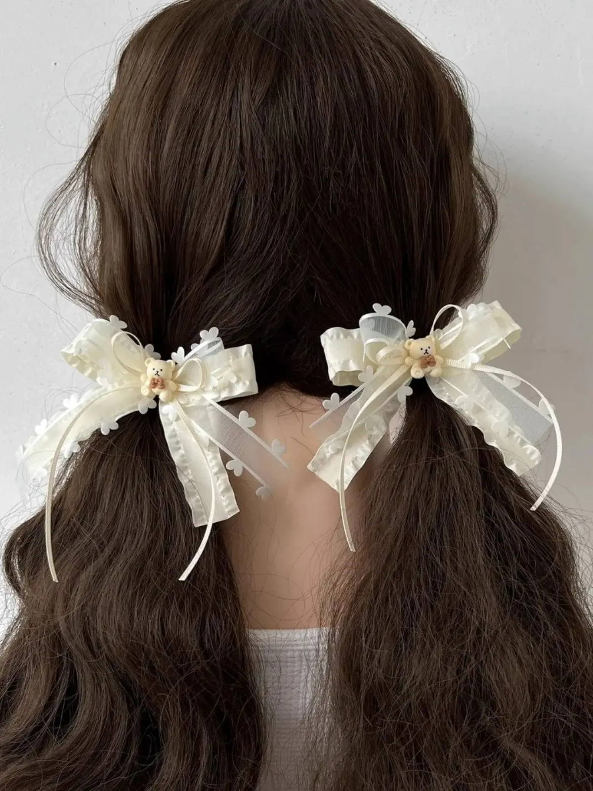 2 Stück niedliche cremefarbene mehrschichtige Band-Haarspangen mit Pony und Meer-Clips, Haarseil, doppelte Pferdeschwanz-Kopfbedeckung – Detail 1