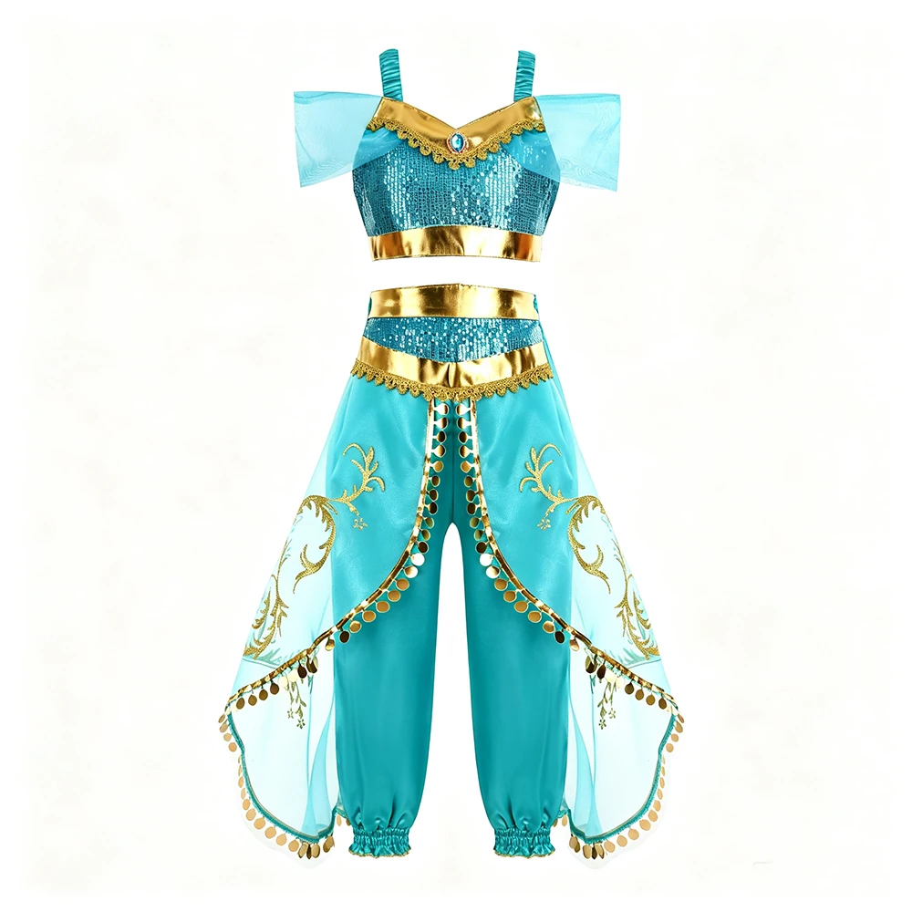 Jasmine Blue Dress Up Set Leichtes Aladdin-Kostüm mit Halskette, Ohrringen und Kopfschmuck für Kinder, Halloween, Karneval, Cosplay – Detail 3