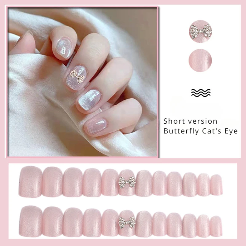 24 Pieces Short White Moon Butterfly Crystal Stone Cat Eye False Nails, Wearable Nail Stickers for Manicure, Nail Art Accessory