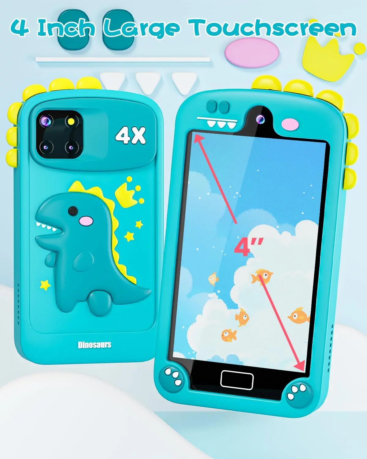 Kindersmartphone voor meisjes met 4,0 inch groot touchscreen, 32G-kaartcadeaus voor kinderspeelgoed, leerspeelgoed voor peuters, dubbele lens (cyaanblauw)